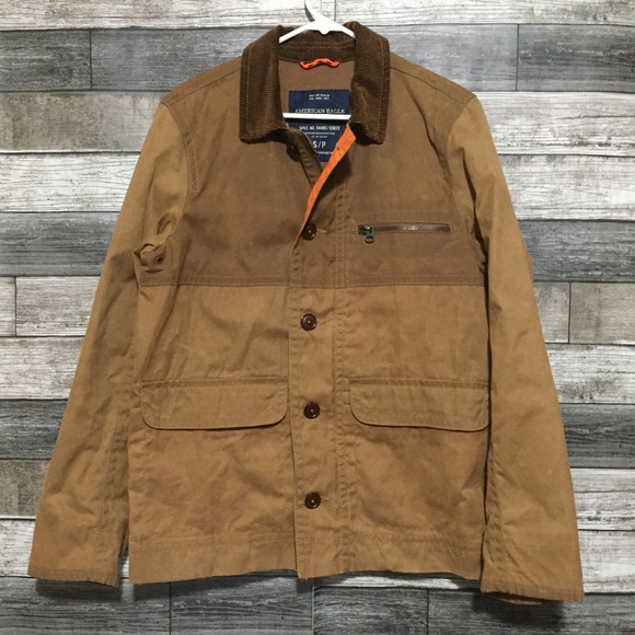 American Eagle Corduroy Collar Jacket Men’s S Brown Tan Full Zip Button Front - Picture 3 of 11